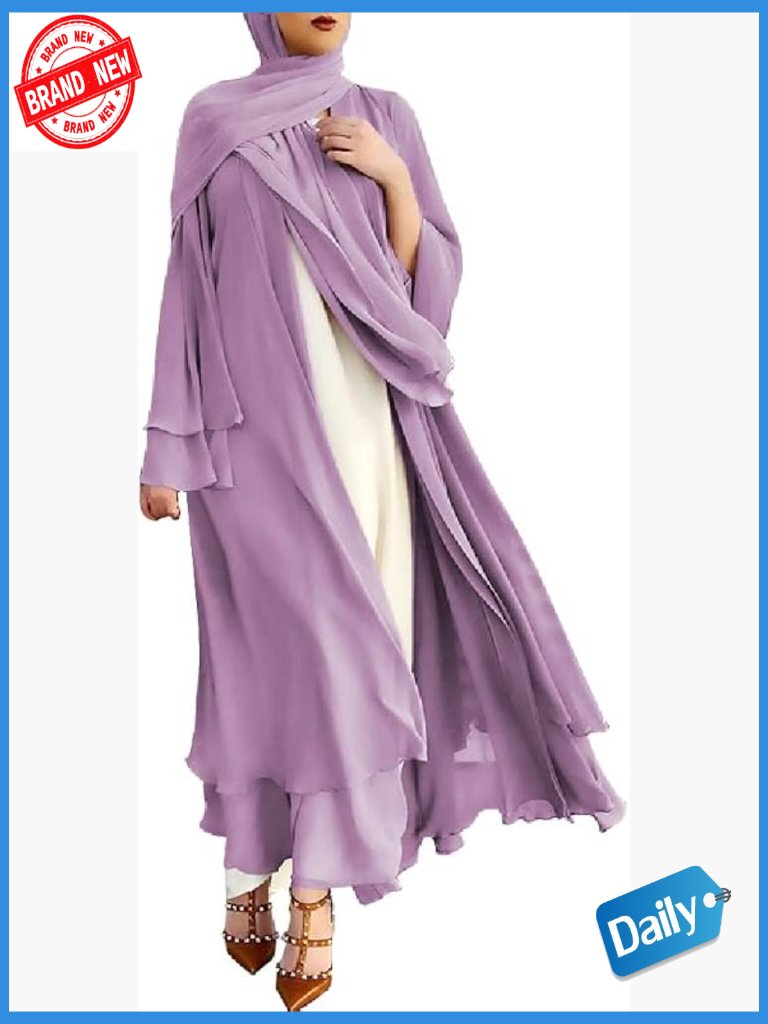 Chiffon Muslim Abaya Open Front Maxi Cardigan Dress Flowy Long Sleeve